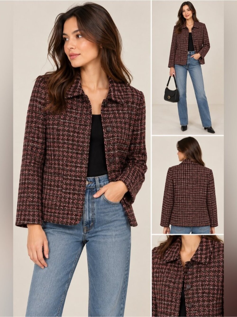 Amanda Smith Made in Bulgaria Wool Tweed Checked Blazer Jacket size 12